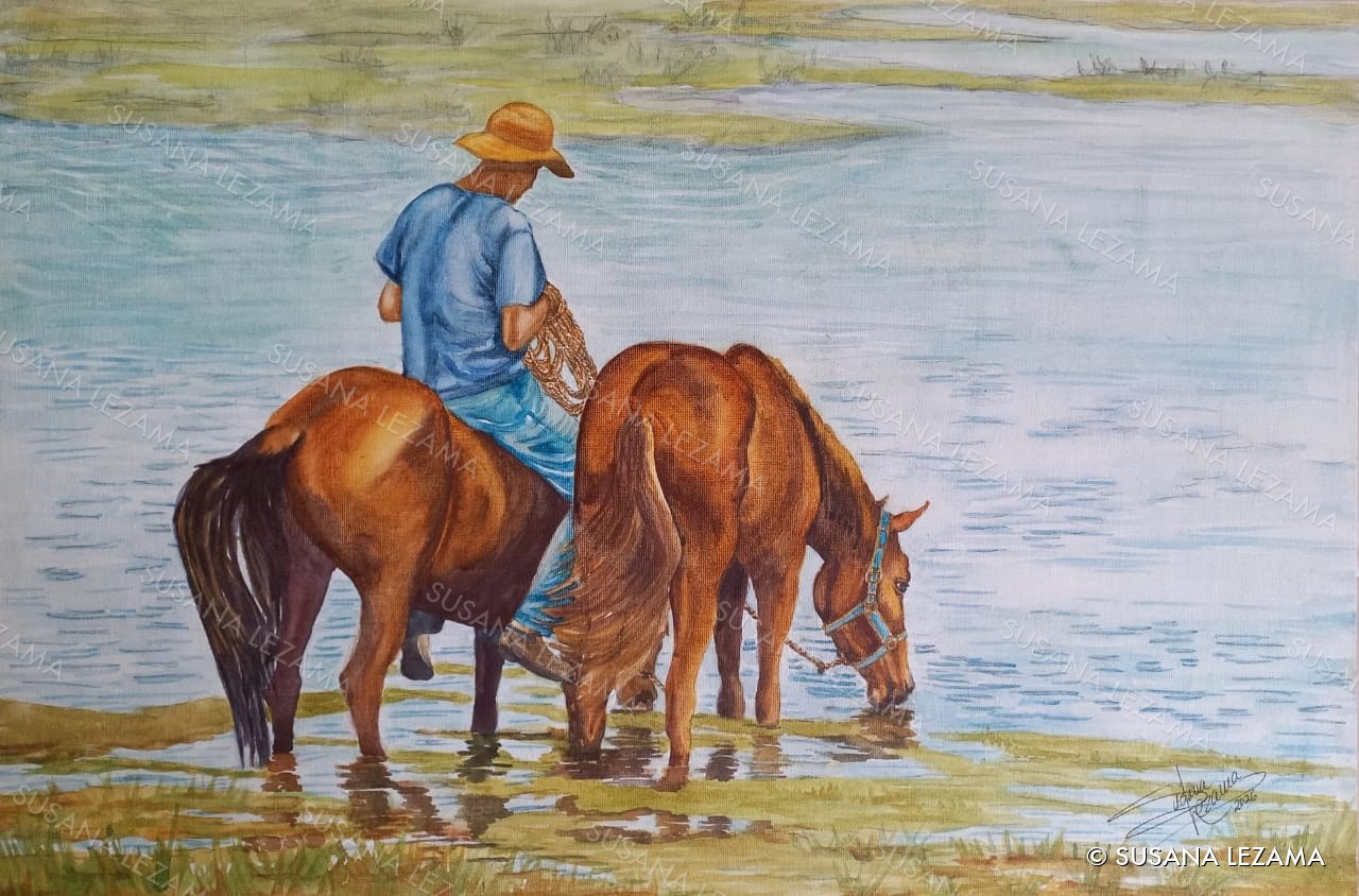 Abrevando en el bordo, acuarela sobre tela de Susana Lezama: un hombre lleva dos caballos a beber al agua