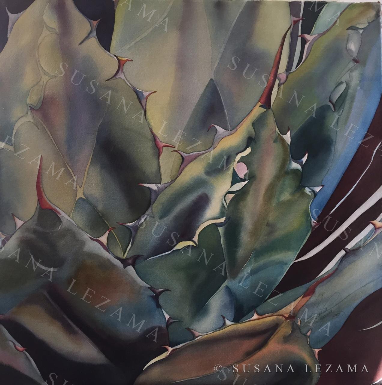 Agaves, acuarela original de la pintora mexicana Susana Lezama