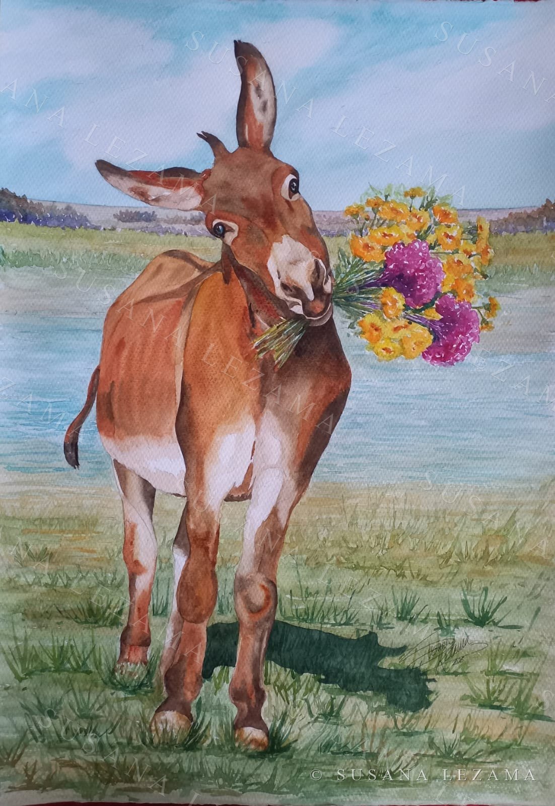 El burro y el ramo, acuarela original de la pintora mexicana Susana Lezama