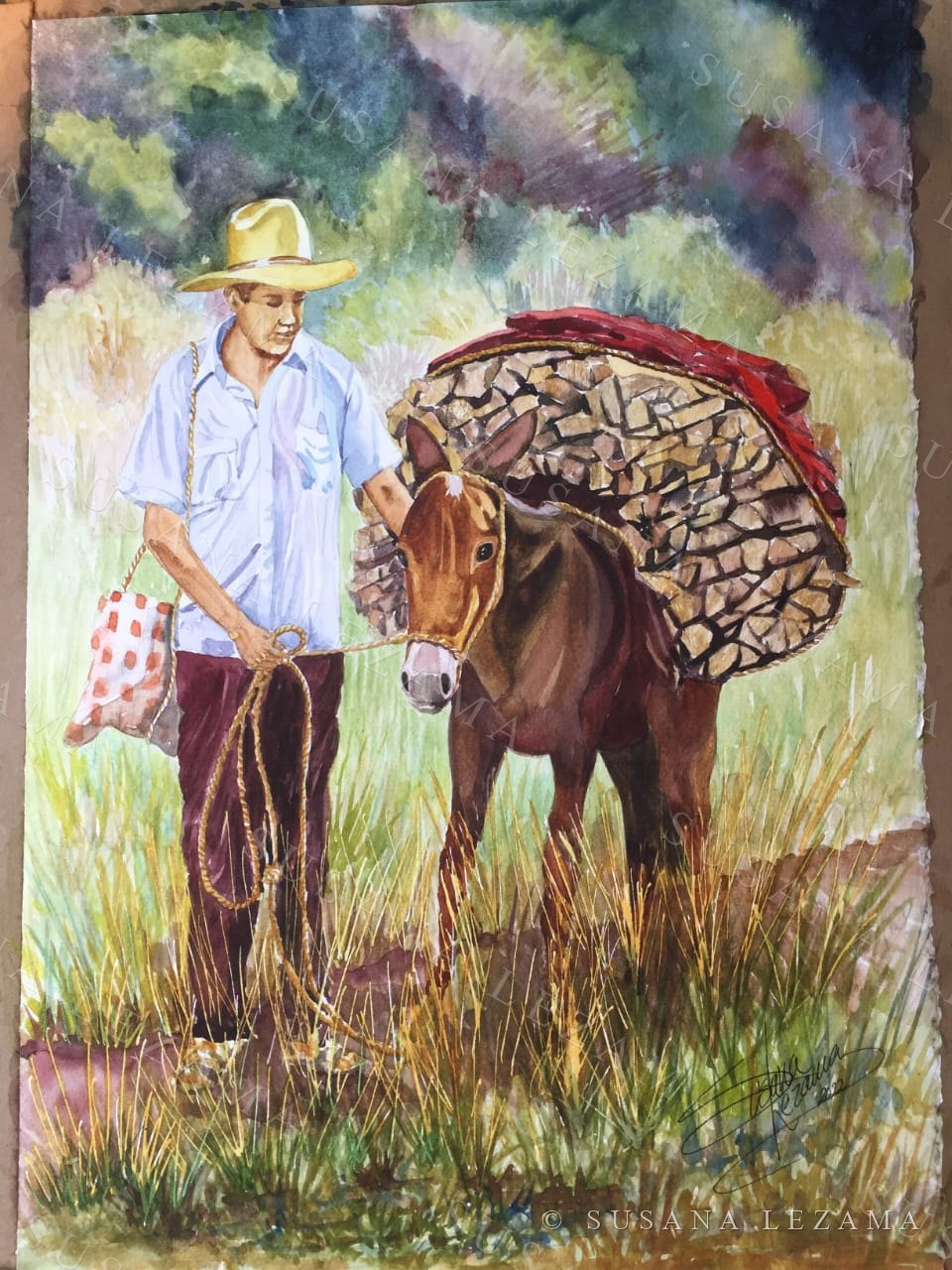El caballo de la leña, acuarela original de la pintora mexicana Susana Lezama