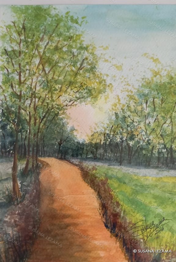Camino entre los árboles, acuarela original de la pintora mexicana Susana Lezama