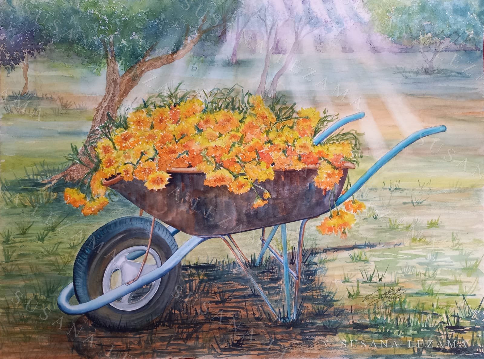 Carretilla de cempasúchil, acuarela original de la pintora mexicana Susana Lezama