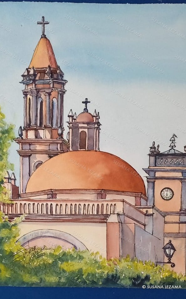 Cúpula y campanario, acuarela original de la pintora mexicana Susana Lezama