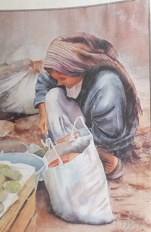 Doña Cuca y sus nopales, acuarela original de la pintora mexicana Susana Lezama