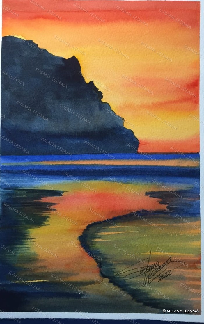 El peñón al atardecer, acuarela original de la pintora mexicana Susana Lezama
