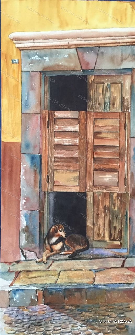 El perro en la puerta, acuarela original de la pintora mexicana Susana Lezama