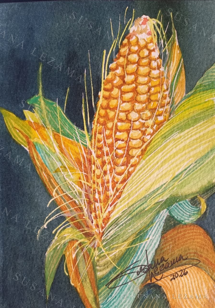 Elote, acuarela original de la pintora mexicana Susana Lezama