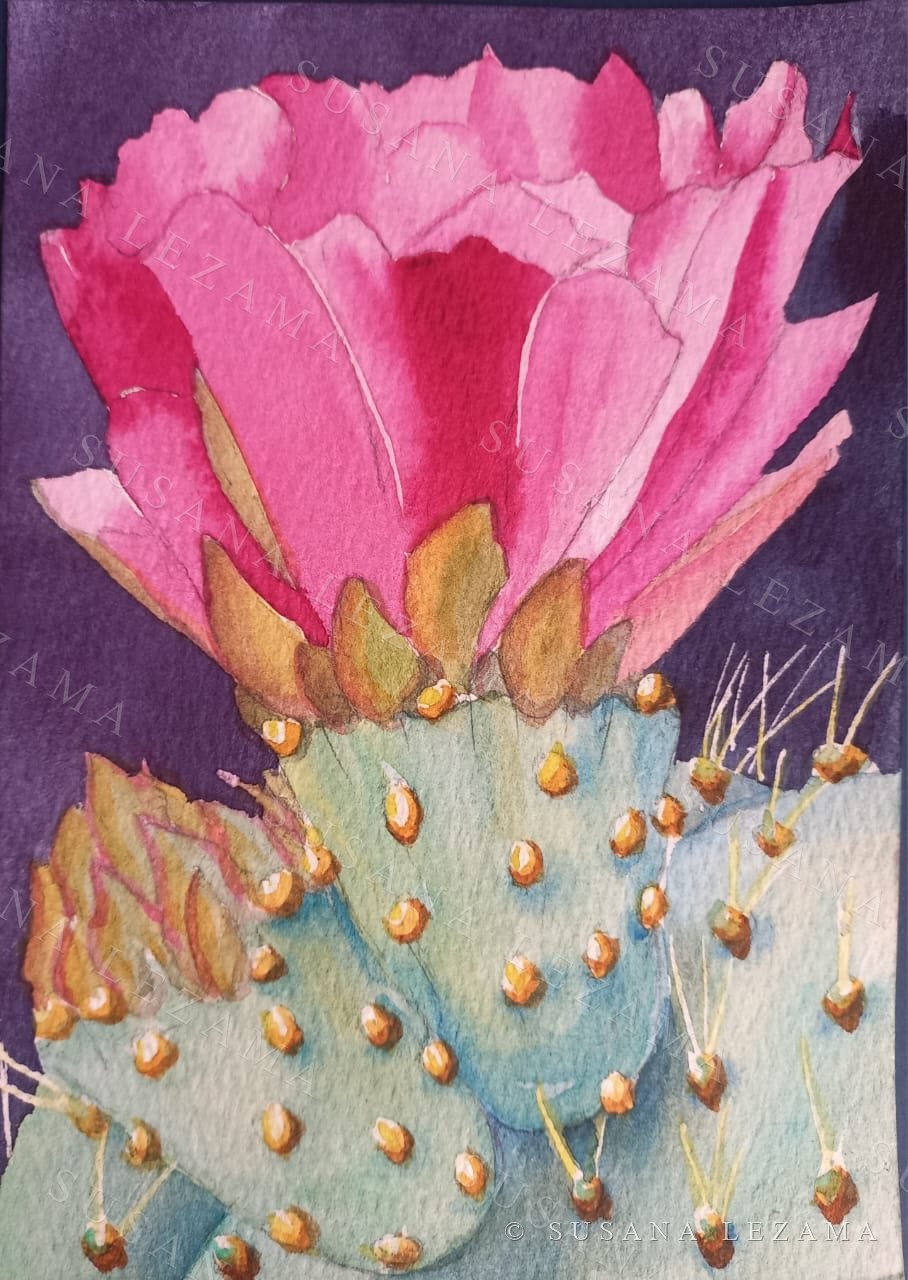Flor de nopal, acuarela original de la pintora mexicana Susana Lezama