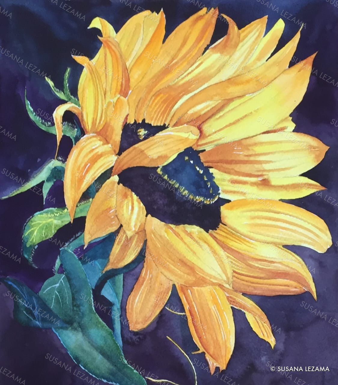 Girasol sobre azul, acuarela original de la pintora mexicana Susana Lezama