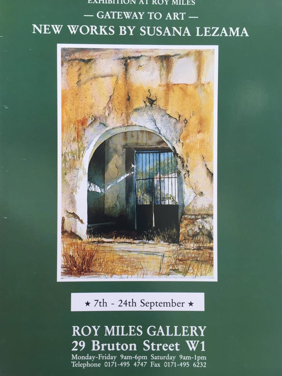 Invitación a la exposición individual de la acuarelista Susana Lezama en la Roy Miles Gallery de Londres, 1995