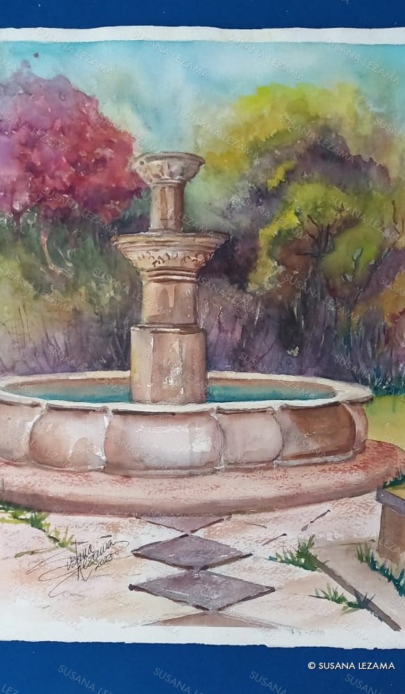 La fuente de la plaza, acuarela original de la pintora mexicana Susana Lezama