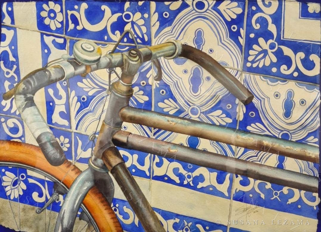 Mi viaje recargado en el pasado, acuarela original de la pintora mexicana Susana Lezama