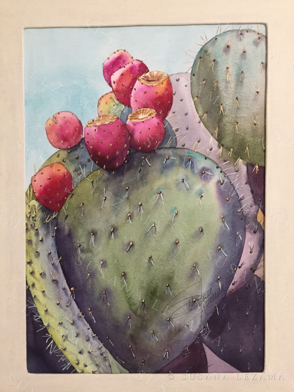 Nopal con tunas, acuarela original de la pintora mexicana Susana Lezama