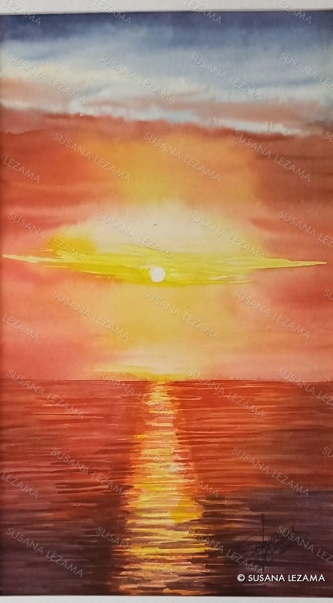 Sol sobre el agua, acuarela original de la pintora mexicana Susana Lezama