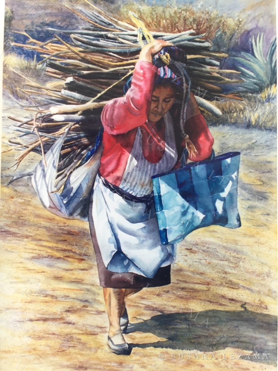 Soltemos la carga, acuarela premiada de Susana Lezama, 1999: una mujer carga un fagot de leña por un camino de tierra