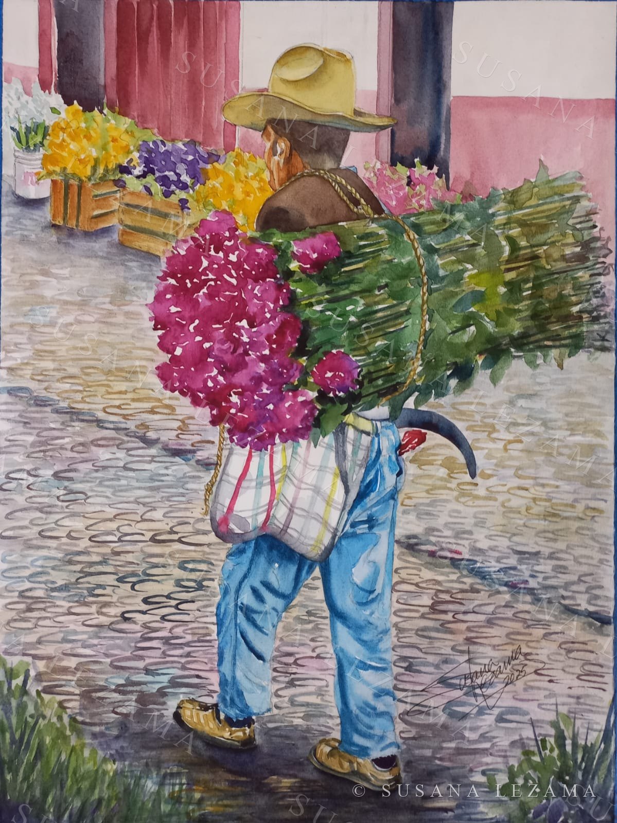 Vendedor de flores, acuarela original de la pintora mexicana Susana Lezama