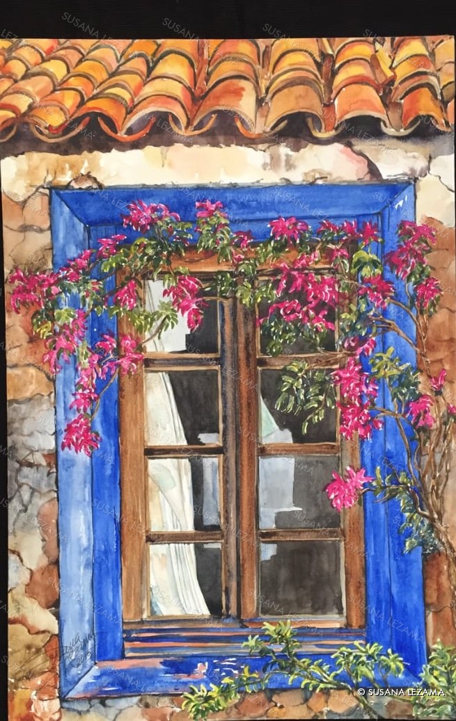 Ventana azul, acuarela original de la pintora mexicana Susana Lezama