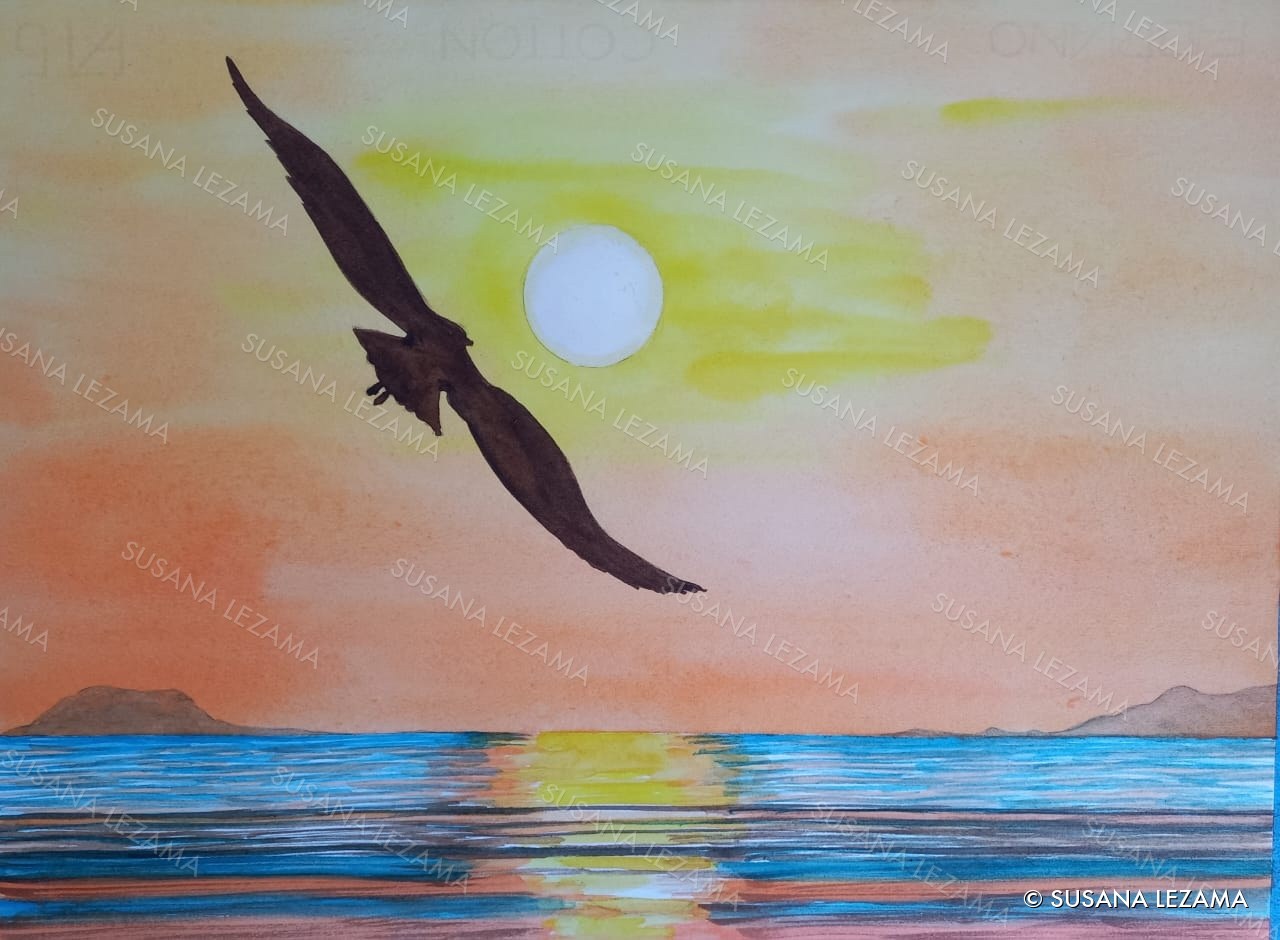 Vuelo al atardecer, acuarela original de la pintora mexicana Susana Lezama