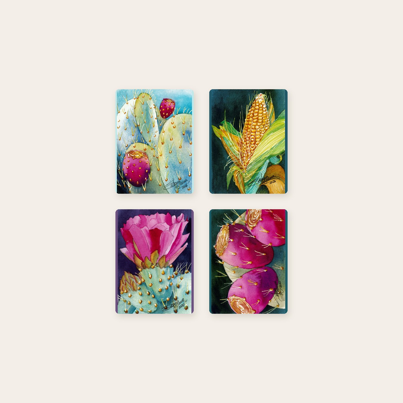 Set de cuatro imanes con la obra de Susana Lezama: regalo de arte mexicano hecho por pedido